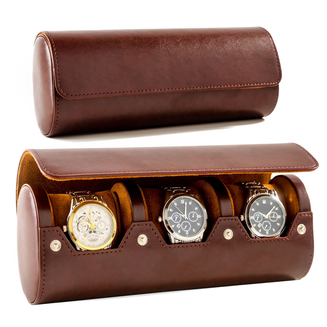Rollo de reloj clásico de cuero PU marrón con 3 ranuras para viajes